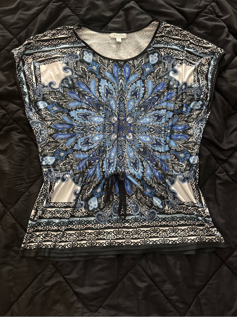 {DRESSBARN} Women's Blue & Black Patterned Tie Waist Floral Blouse